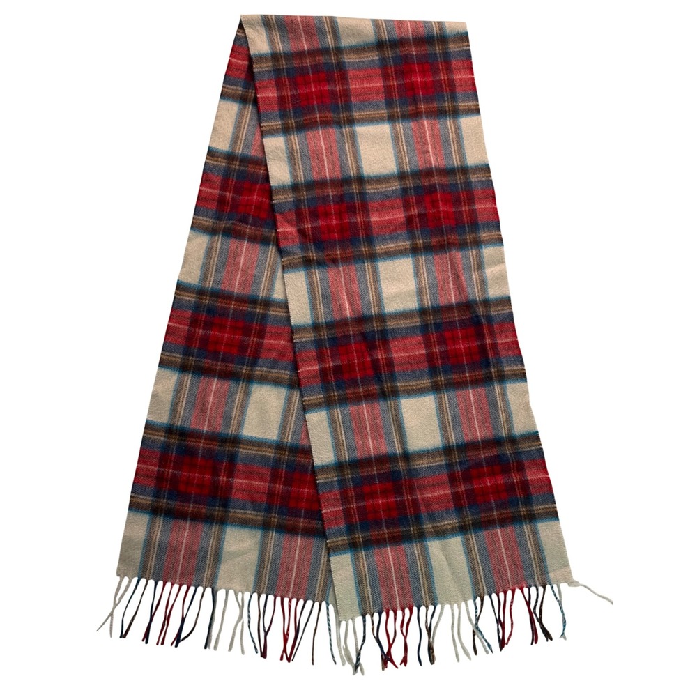 Joseph Abboud 100% Cashmere Scarf Plaid Red Blue Cream Made in Germany Fringe